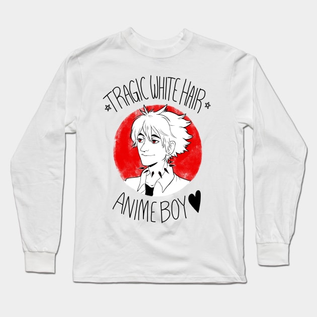 Tragic White Hair Anime Boy - Black Font Long Sleeve T-Shirt by riadoodles